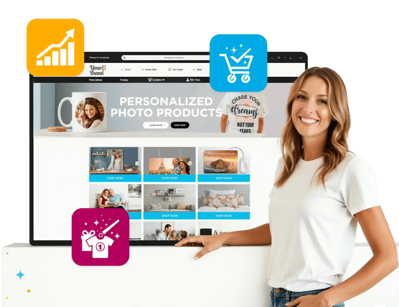 a happy women lening on a bigg than ife screen showing her online store for selling personalized items